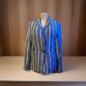 DREW Women’s Linen Blend Striped Blazer Jacket Blue White Single Button